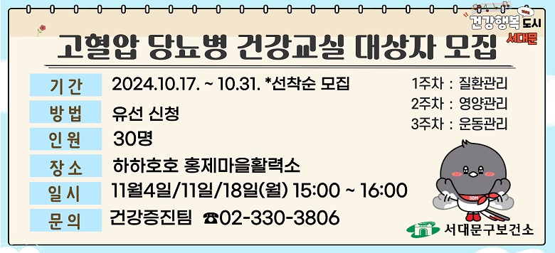 - 교 육 명 : 서대문구보건소 고혈압, 당뇨병 11월 건강교실 운영 - 모집기간 : 2024. 10. 17.(목)부터 - 모집대상 : 30명(사전신청) - 교육장소 : 하하호호 홍제마을활력소 - 교육내용 : 2024년 11월 고혈압·당뇨병 건강교실 운영 - 관련문의 : 서대문구보건소 건강증진팀 ☎330-3806