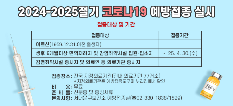 2024-2025절기 코로나19 예방접종 실시 □ 접종대상 및 기간  접 종 대 상 접 종 기 간 어르신(1959.12.31.이전 출생자) ∼ ‘25. 4. 30.(수) 생후 6개월이상 면역저하자 및 감염취약시설 입원․입소자 감염취약시설 종사자 및 의료인 등 의료기관 종사자  □ 접종장소 : 전국 지정의료기관(관내 의료기관 77개소)              * 지정의료기관은 예방접종도우미 누리집에서 확인 가능 □ 비    용 : 무료 □ 준 비 물 : 신분증 및 증빙서류 □ 문의사항 : 서대문구보건소 예방접종실(☎02-330-1838/1829) ※ 기타 자세한 사항은 서대문구보건소 홈페이지에서 확인 가능