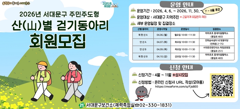 2026�� ���빮�� �ֹ��ֵ��� ��(ߣ)�� �ȱ⵿�Ƹ� � �� ��Ⱓ �� �������  �� �� ��� ������� ������� ���ѻ� A ������ 10:00~11:30 4.6.(��) ����ȣȣ ȫ������Ȱ�¼� ��  �� A ȭ���� 10:00~11:30 4.7.(ȭ) ���񽣼ӽ��� �� ���ɸ��� ��  �� B  ����� 10:00~11:30 4.9.(��) ���빮�����ȳ��� ���������� ���ѻ� B �ݿ��� 10:00~11:30 4.10.(��) ����ȣȣ ȫ������Ȱ�¼�  �� ������� : �����ֹ� ������ �� �ٰ�ݰ� ����ȯ�� �� ���� �� �����     - �غ�‧���� �, �ڽ��� �̿��� �Բ� �ȱ� �� ��û��� : ����� ��û(��ũ �� QR�ڵ�)    https://moaform.com/q/fjs8E0 �� �� �� (02-330-1831)