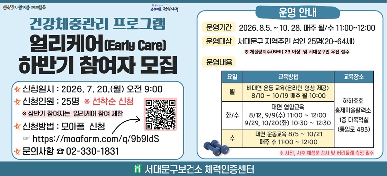 �ǰ�ü�߰��� �����ɾ ���α׷� ������ ����  �� ��Ⱓ : 2026.8.5. ~ 2026.10.28. ���� ������ 11:00 ~ 12:00 �� ���� : ����ȣȣ ȫ������Ȱ�¼�(���Ϸ� 483) 1�� �ٸ����� �� ������� : ���빮�� �����ֹ� ���� (20��~64��)    �� ü��������(BMI) 23 �̻� �켱 ����    �� ��ݱ� �����ڴ� �Ϲݱ� ���ɾ� ���� ���� �� ����� : ��(1ȸ)������(4ȸ)���(23ȸ)   �� ��û�Ⱓ : 2026. 7. 20.(��) 09:00 ~ ������ ����  �� ��û�ο� : 25�� �� ������ �� ��û��� : ����� ��û �� https://moaform.com/q/9b9ldS �� ��û���� : ���빮�����Ǽ� ü����������(�� 02-330-1831)