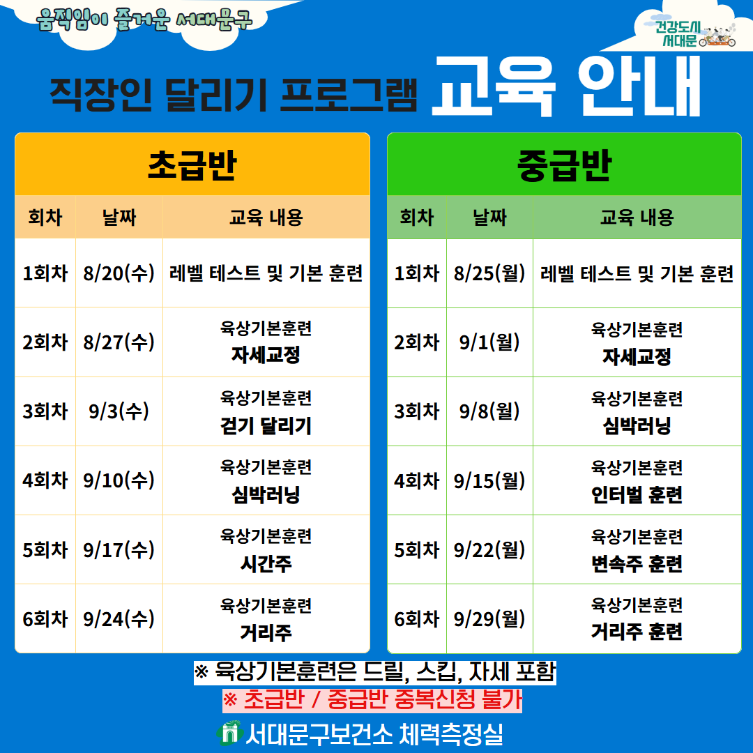 [서대문구보건소] 직장인 달리기 프로그램(초급반/중급반) 참여자 모집